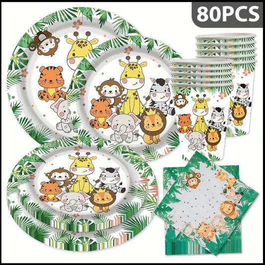 Kit Vaisselle Jetable Safari – 80 Pièces 🦒🐘🦁🐯